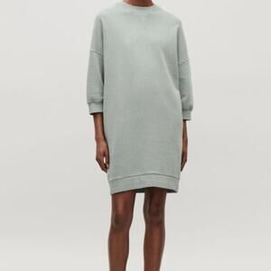 COS Women's Sweatshirt Dress Green Cotton Mini, 3/4 Sleeves, Pockets, Size XS
